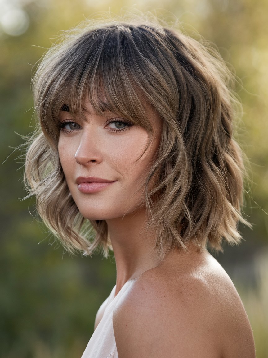 15. Short Wavy Layers with Bangs