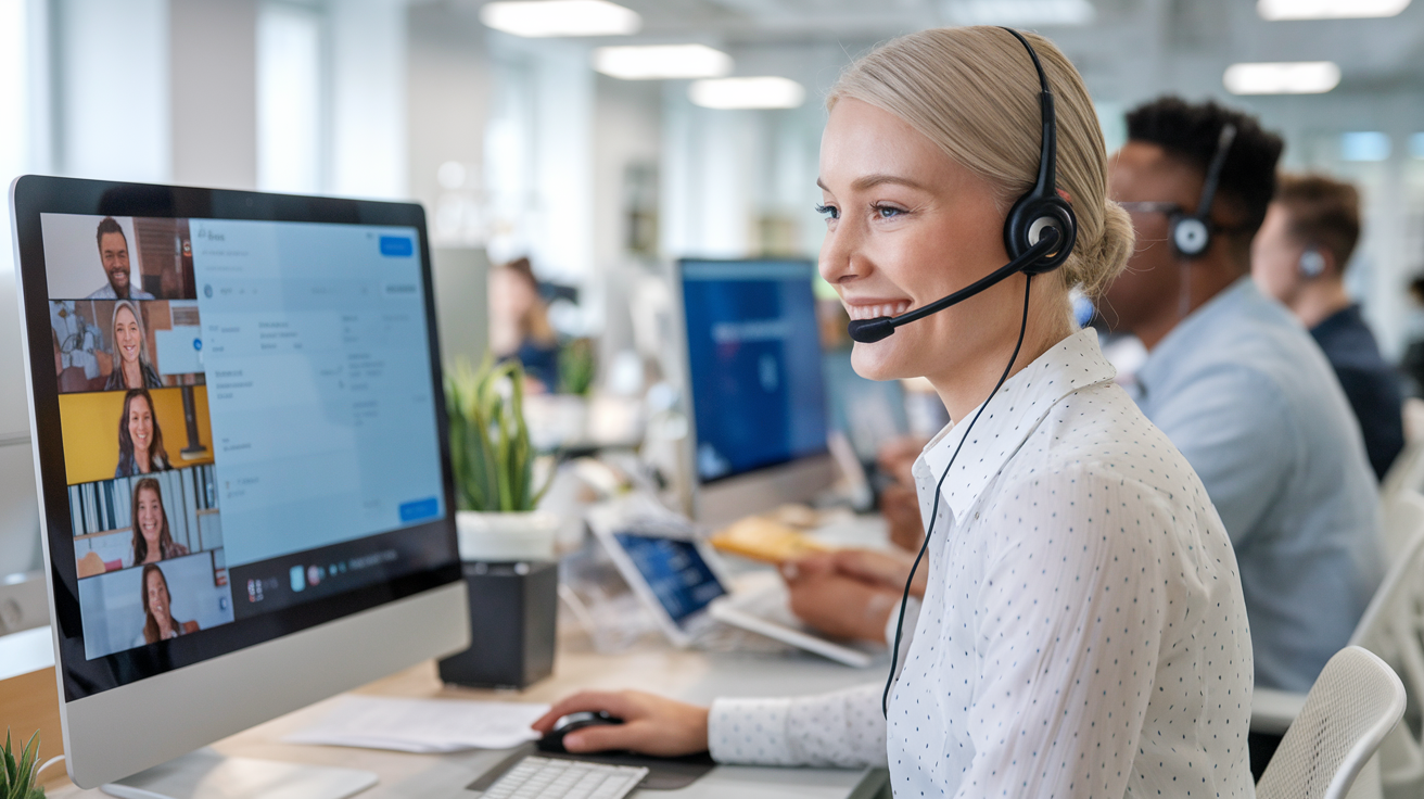 Create a realistic image of a smiling white female customer service representative wearing a headset, sitting at a desk with a computer screen displaying a website interface, engaging in a video call with a diverse group of customers visible on the screen, in a bright, modern office setting with other customer service agents visible in the background.