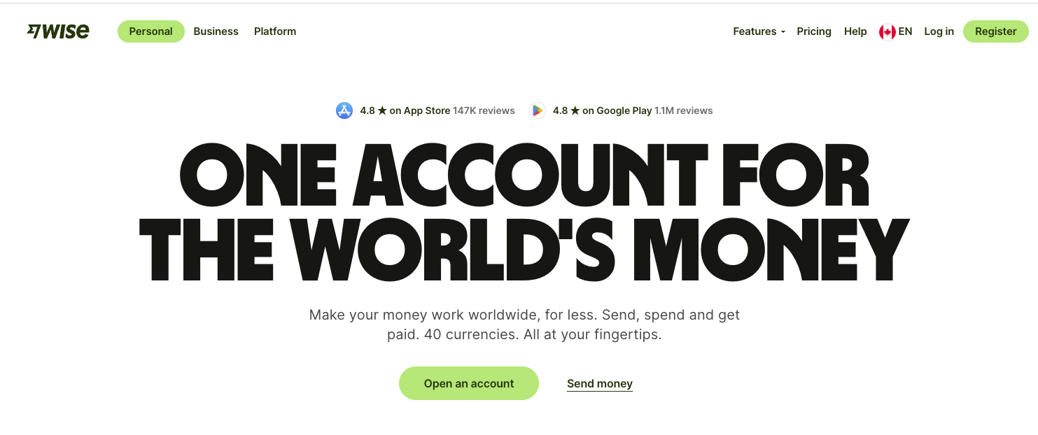 Wise.com call to action example "Open an account"