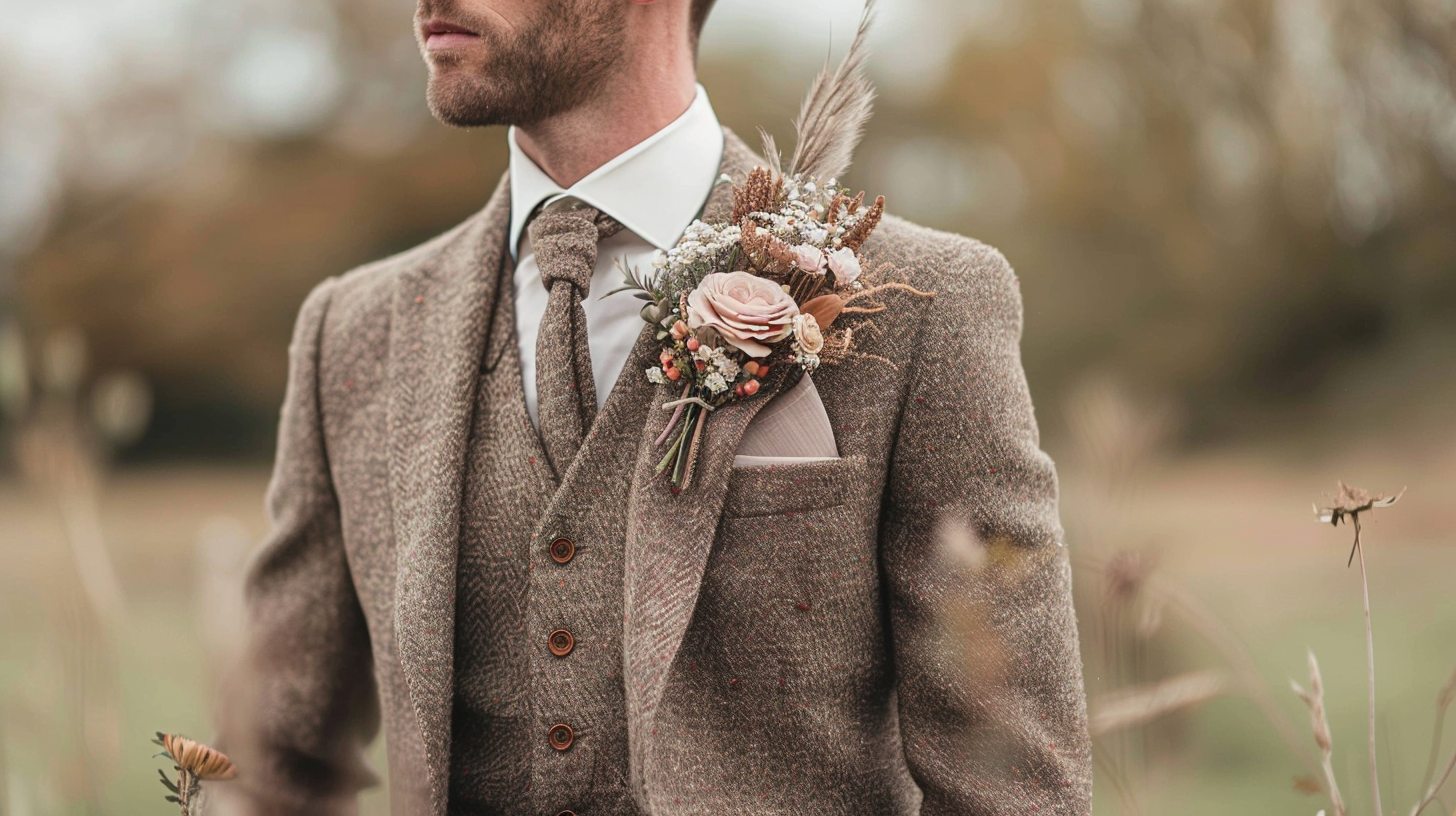 A man in a brown herringbone tweed suit, warm and textured, styled for a fall or winter countryside wedding