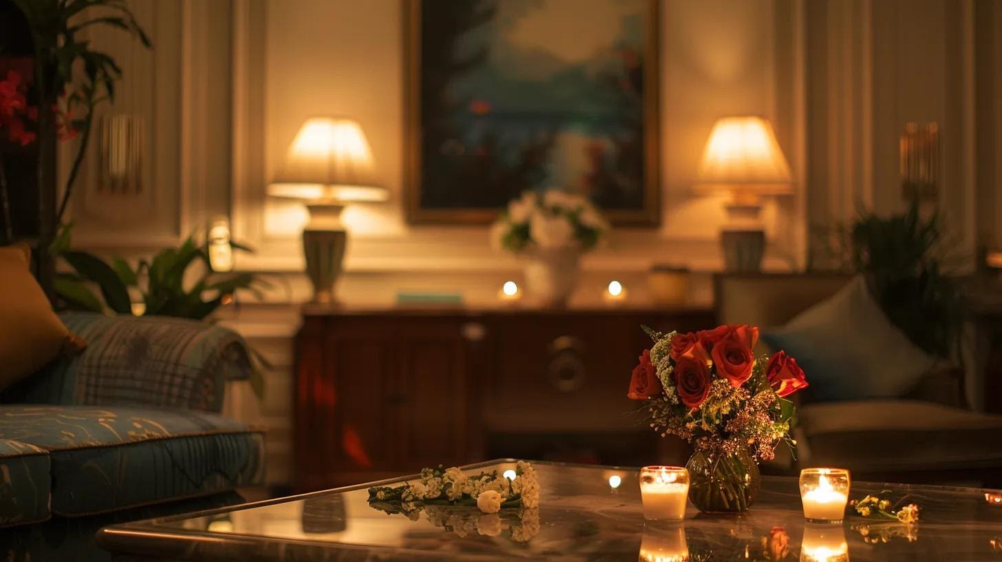 an inviting, immaculately cleaned living room brightened by elegant decor, featuring a neatly arranged bouquet and subtle scented candles, showcasing the transformative effect of a surprise professional cleaning service.