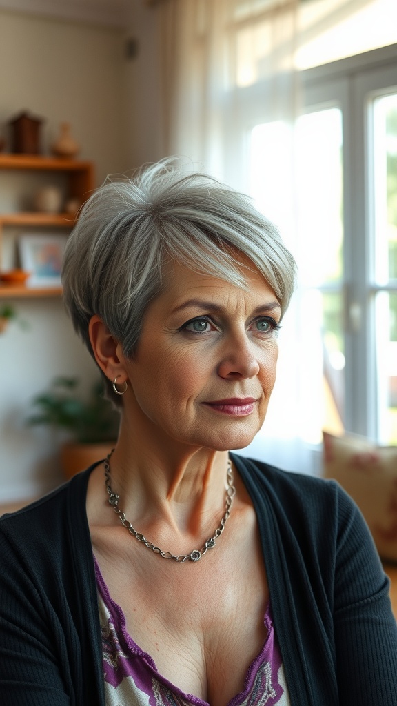 A mature woman with a classic pixie cut, showcasing volume and a stylish appearance.
