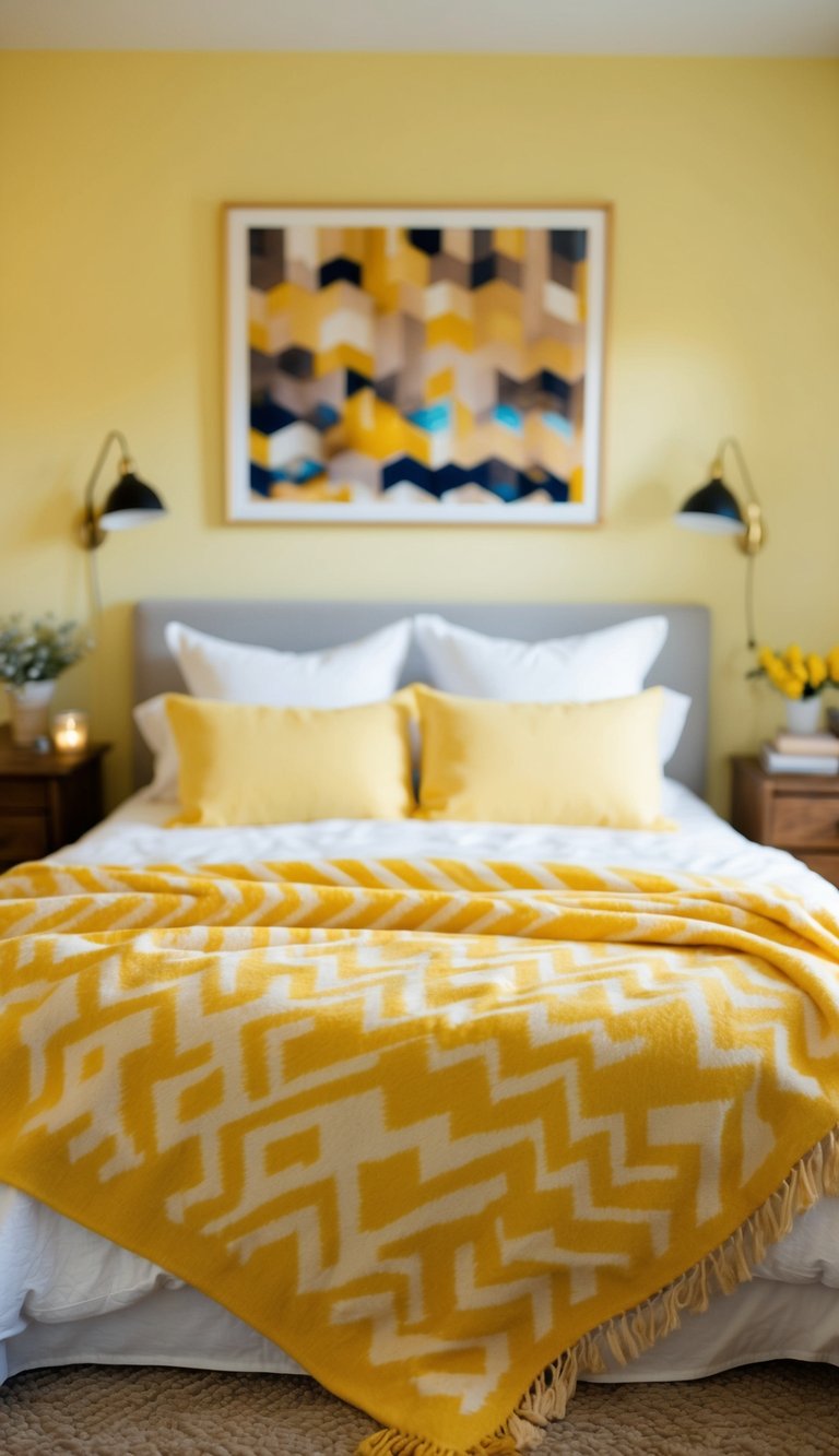 A cozy yellow chevron blanket draped over a bed in a sunny yellow bedroom with warm, inviting decor