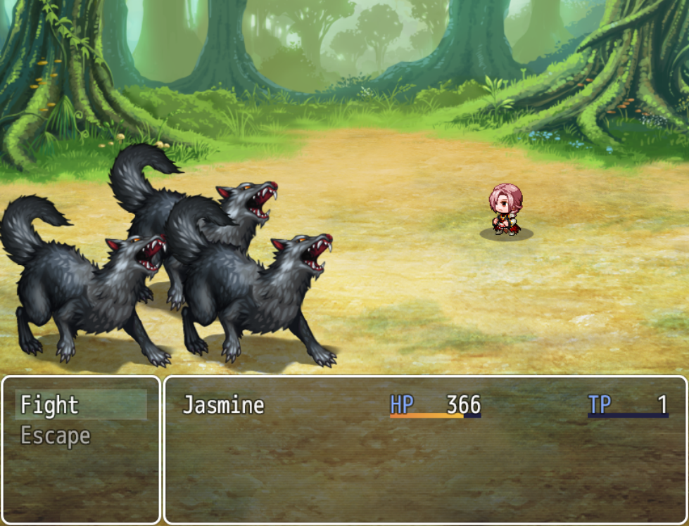 Jasmine fights 3 wolves in a RPG combat system. 