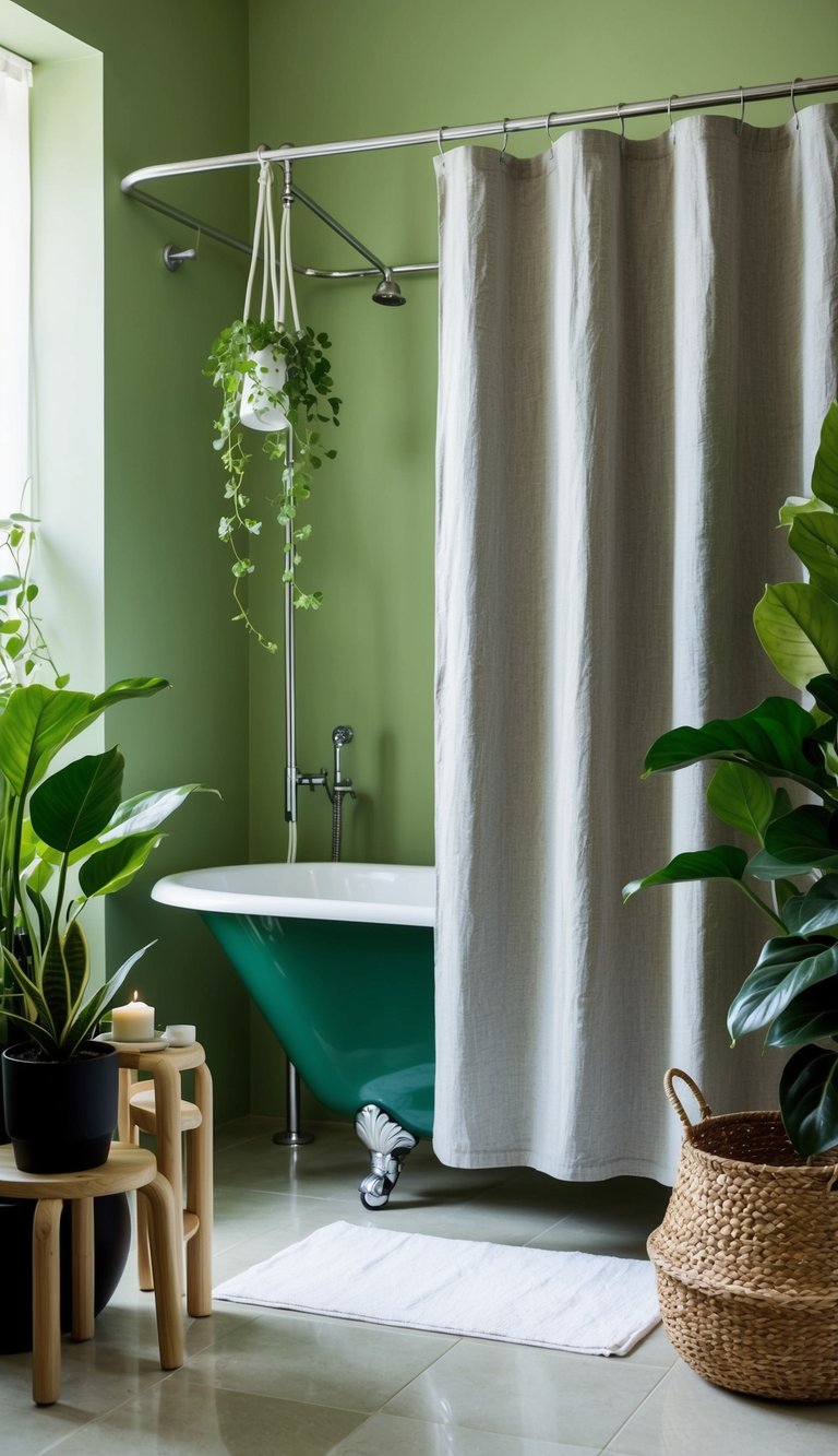 A linen shower curtain hangs in a green bathroom, surrounded by plants and natural light