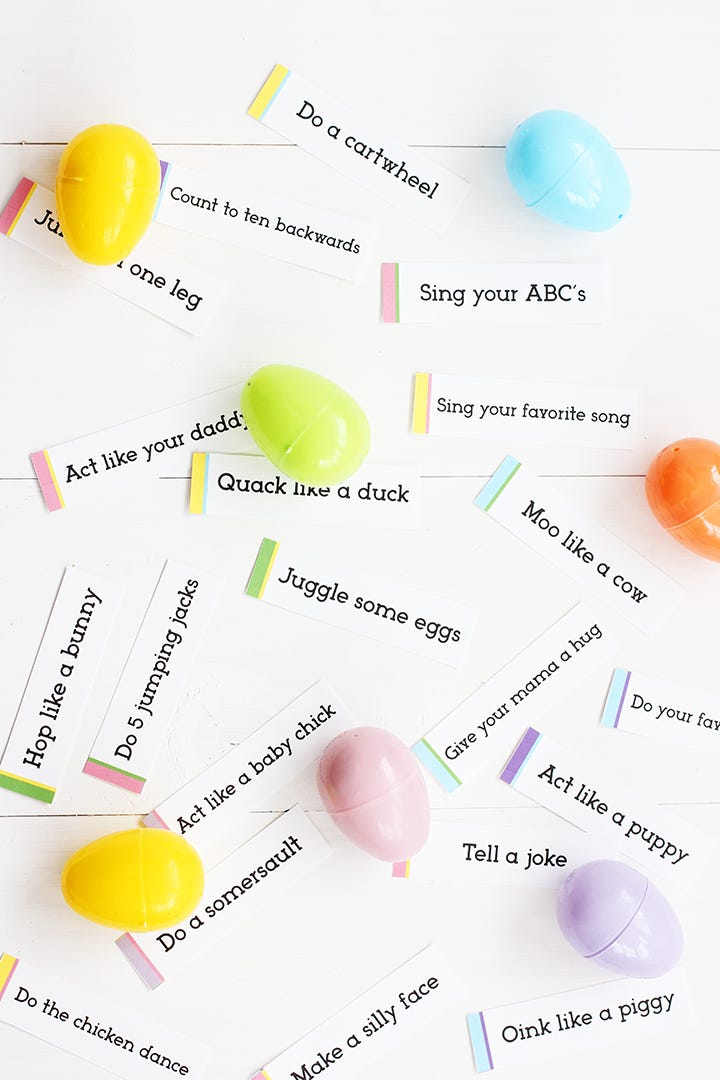 easter egg hunt ideas, colorful plastic eggs and white paper with words