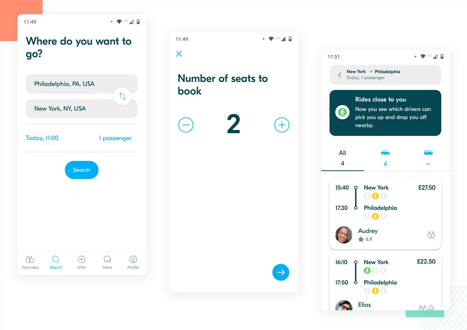 Three screens showing the process of booking a trip from Philadelphia to New York on BlaBlaCar.