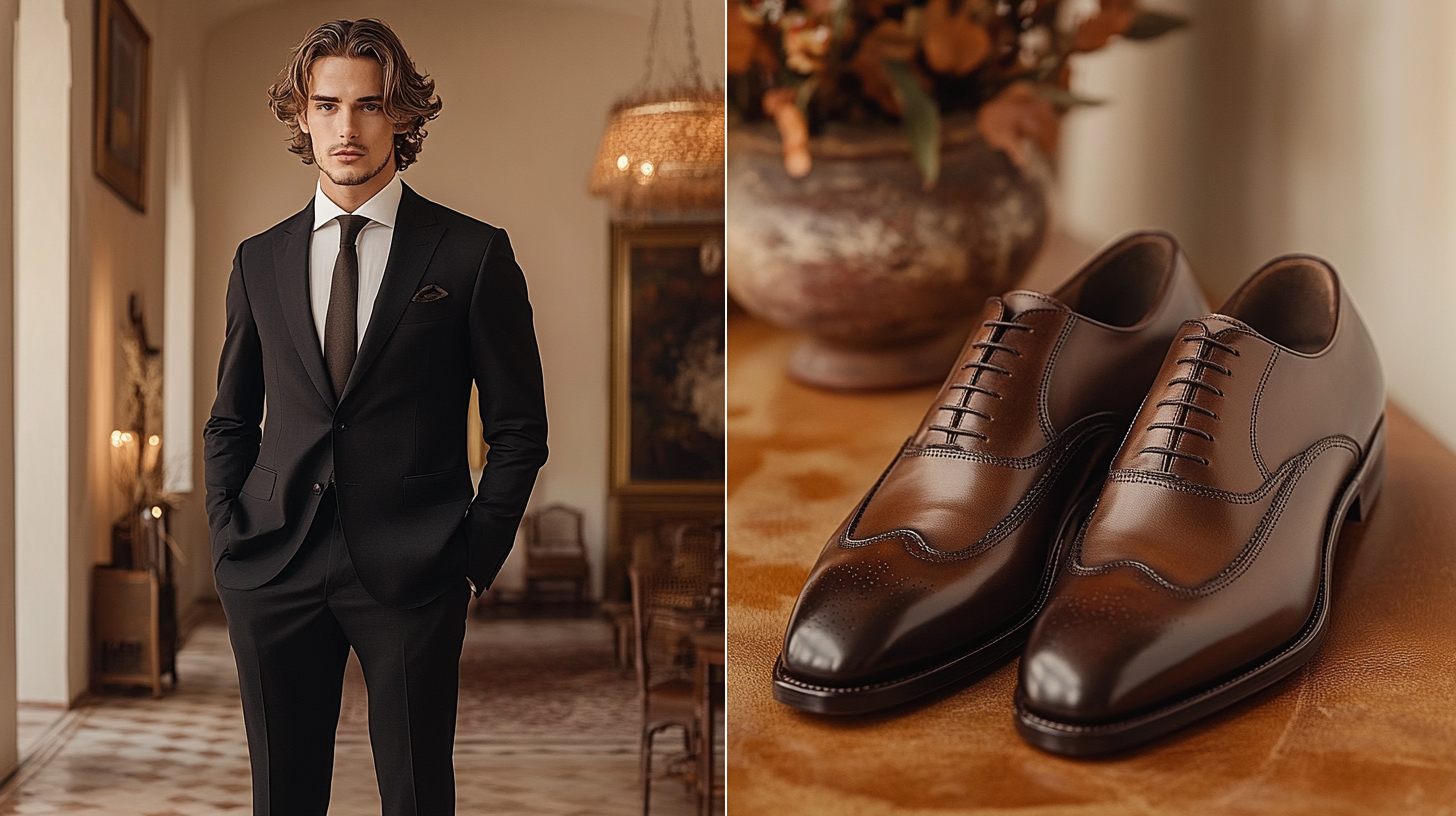 A split-screen fashion composition. On the left side, a full-body shot of a stylish man wearing a well-tailored black suit, paired with polished dark brown dress shoes. His stance is confident, with a neutral background that keeps the focus on his elegant outfit. On the right side, a close-up of the same dark brown dress shoes is displayed, highlighting their rich leather texture, subtle shine, and classic design. The lighting is soft and professional, creating a high-end fashion editorial feel.