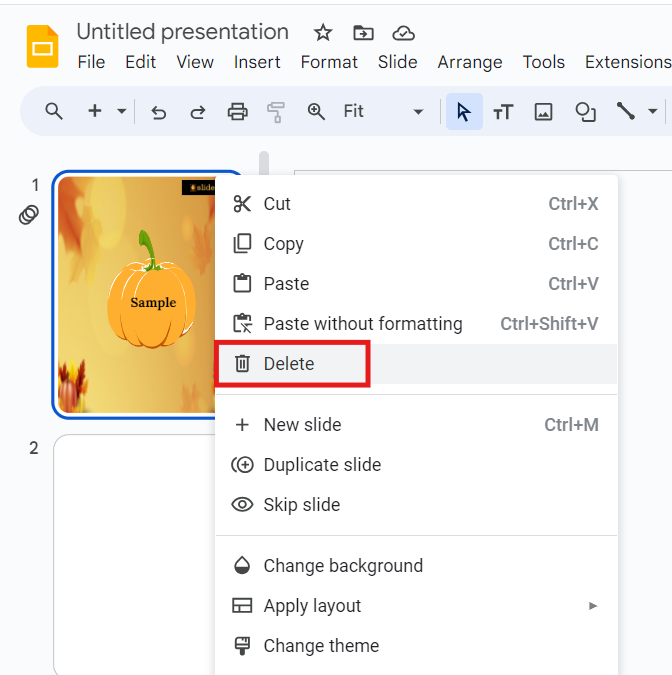 Google Slides Interface with Delete Slide option highlighted.