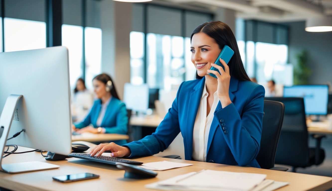 A seller processing orders while providing customer service through a computer and phone in a busy office setting