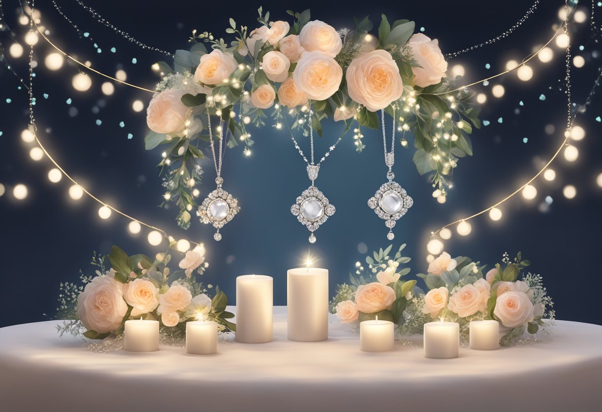 A delicate wedding necklace rests on a velvet display, surrounded by twinkling fairy lights and soft floral arrangements