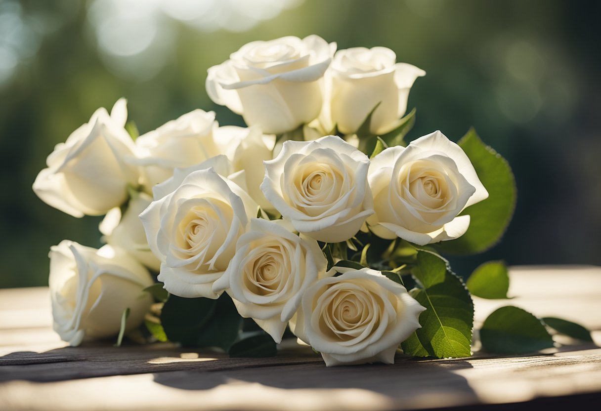 A bouquet of white roses sits on a rustic wooden table, bathed in soft sunlight, symbolizing purity and innocence