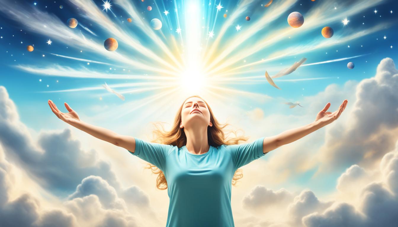 A person standing in a serene and peaceful environment, with their eyes closed and hands raised up towards the sky. In front of them, a dream-like scene is depicted with different symbolic elements such as clouds, stars, and a beam of light shining down. The person is shown to be in a state of meditation and deep contemplation, as they listen to the voice of God whispering to them through their dreams. The image exudes a sense of divine connection and spiritual enlightenment.