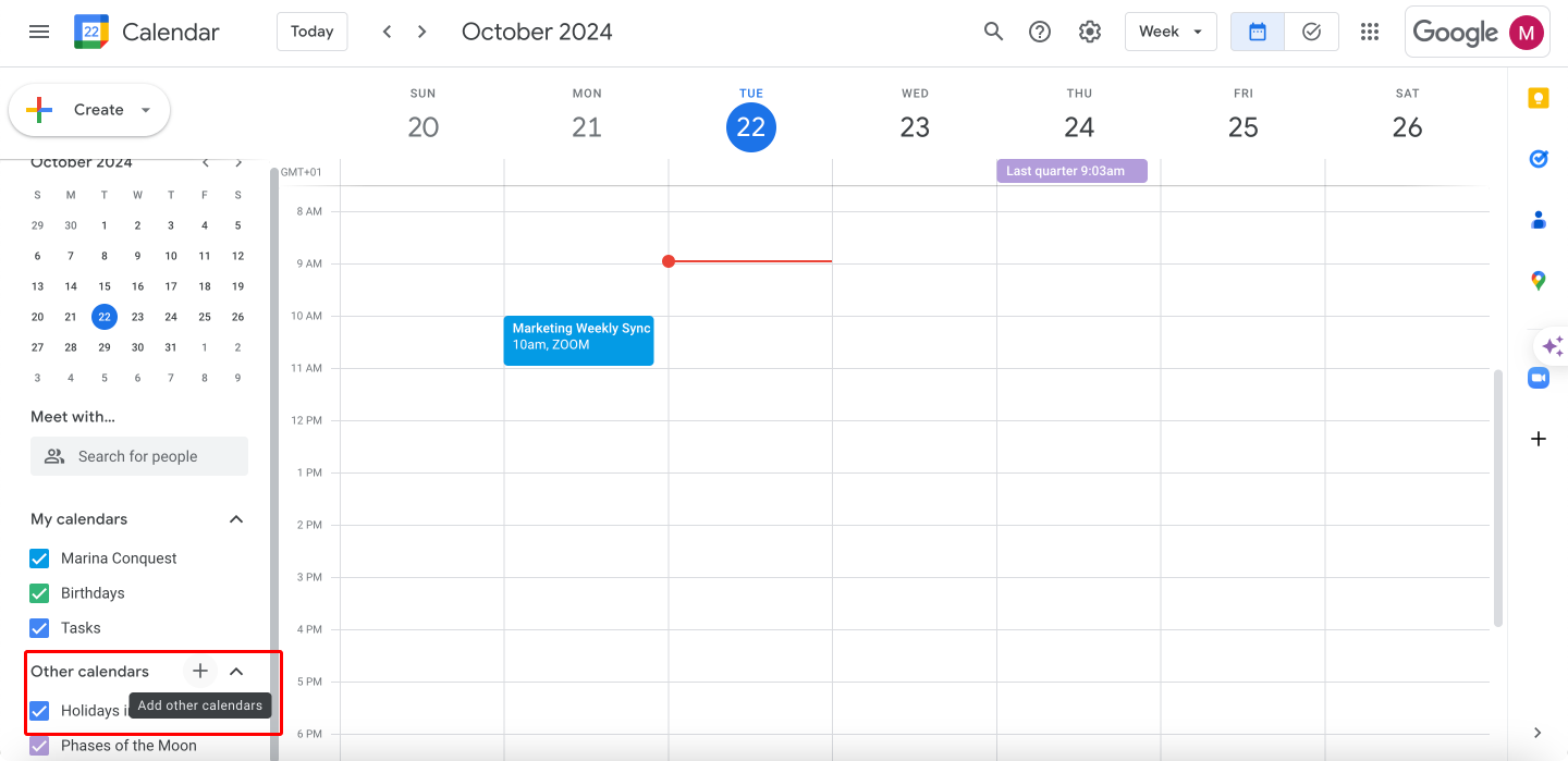 Navigating to ‘Other calendars’ in Google calendar.