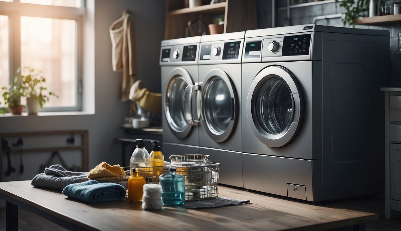 An article about laundry machine maintenance, with tools and safety tips displayed. No humans or body parts should be included in the scene