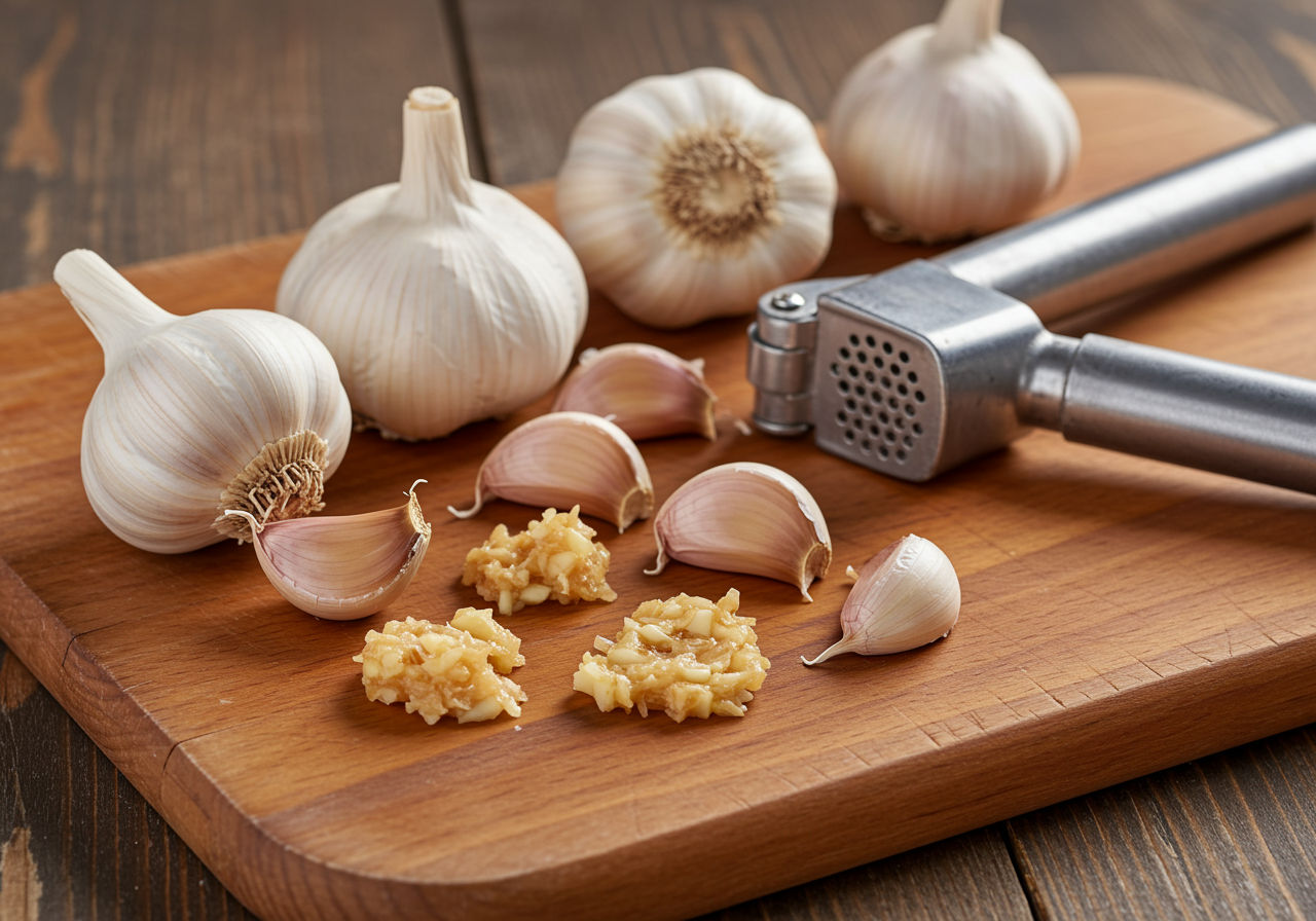 A photorealistic shot capturing fresh garlic cloves, some whole and some crushed, arranged on a wooden cutting board with a garlic press nearby, emphasizing the strong aroma and medicinal properties of garlic.