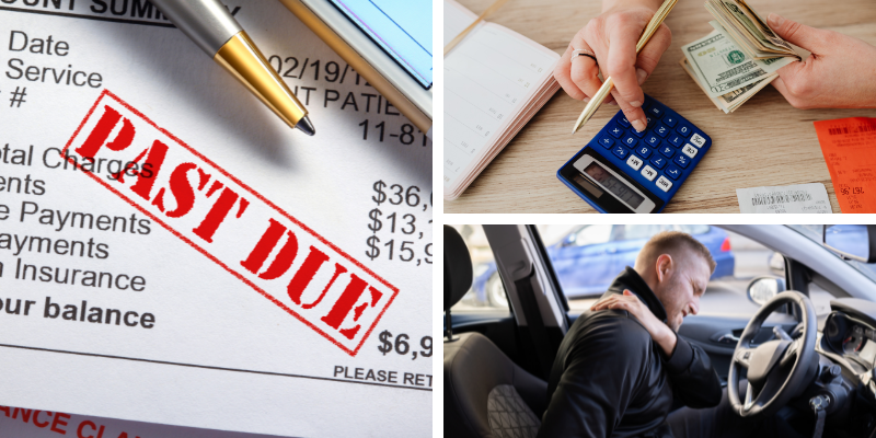 Collage with photo depicting medical payments, lost wages and accident injuries.
