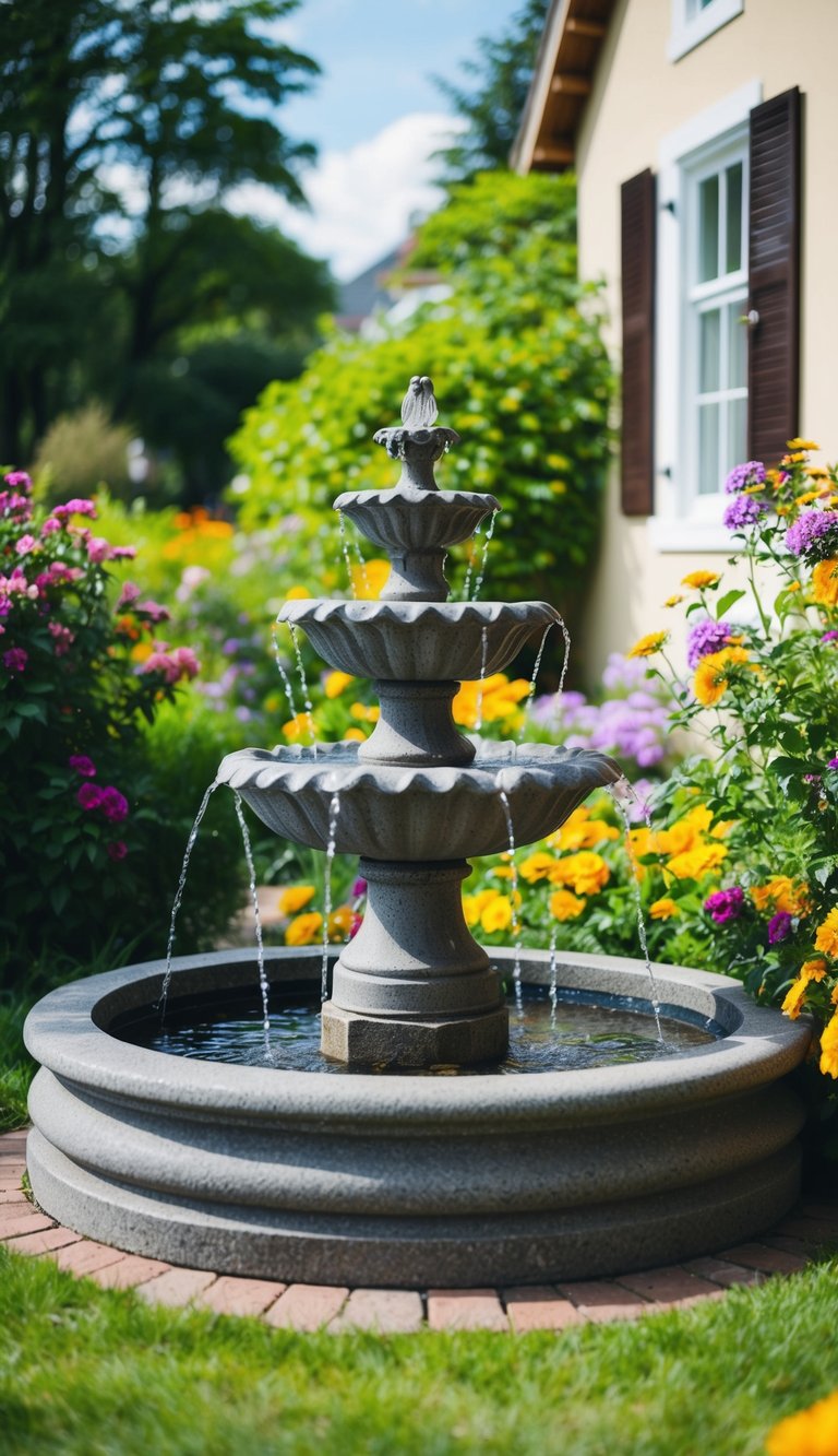 A stone fountain surrounded by lush greenery and colorful flowers, nestled against the side of a charming house