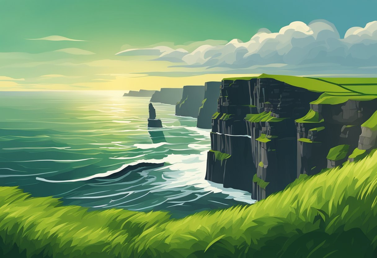 The rugged cliffs of Moher rise dramatically from the Atlantic, with crashing waves below and green fields stretching to the horizon