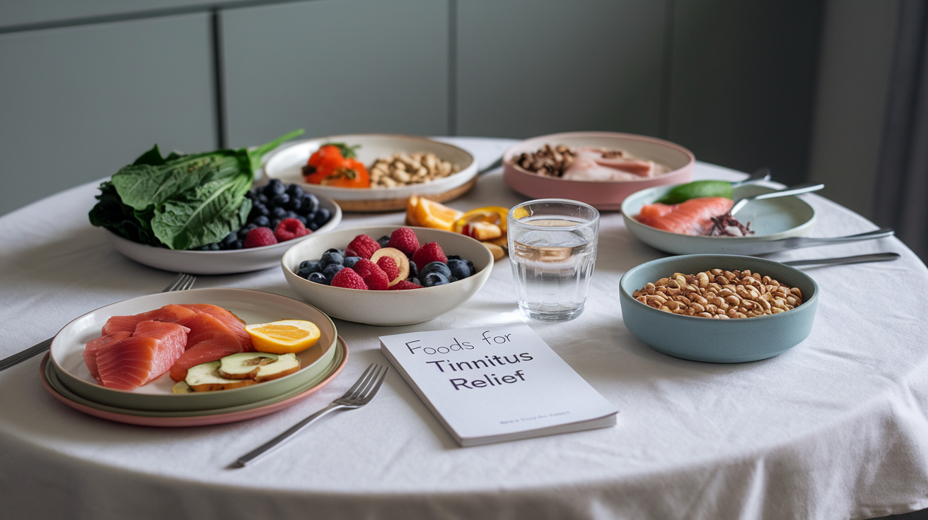 Create a realistic image of a dining table with various colorful foods known to help with tinnitus, including leafy greens, berries, fish, nuts, and whole grains, arranged on plates and in bowls, with a glass of water and a notepad listing "Foods for Tinnitus Relief" nearby, all set against a calm, neutral kitchen background with soft, natural lighting.