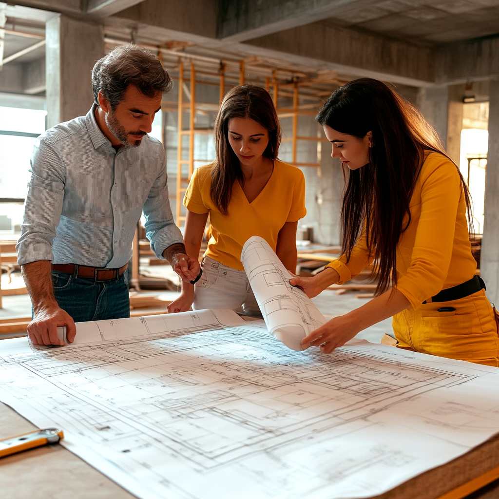 Executives reviewing a detailed construction blueprint in a modern office, symbolizing the strategic implementation of leadership assessments.