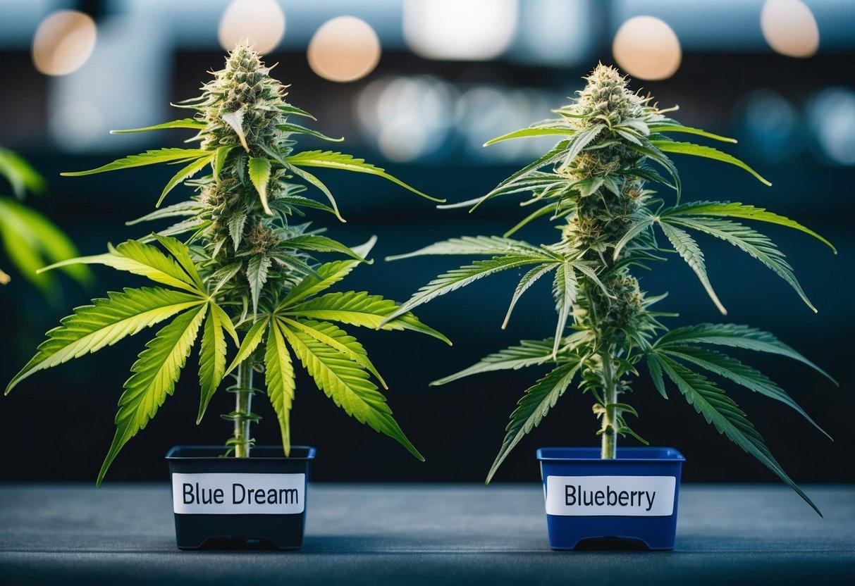 Two cannabis plants side by side, one with thin leaves and the other with broad leaves. Each plant labeled "Blue Dream" and "Blueberry."