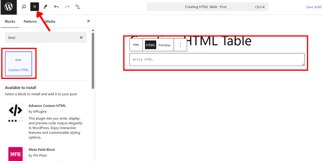 Adding HTML Block -  How to Create a Table with Search in WordPress Without a Plugin
