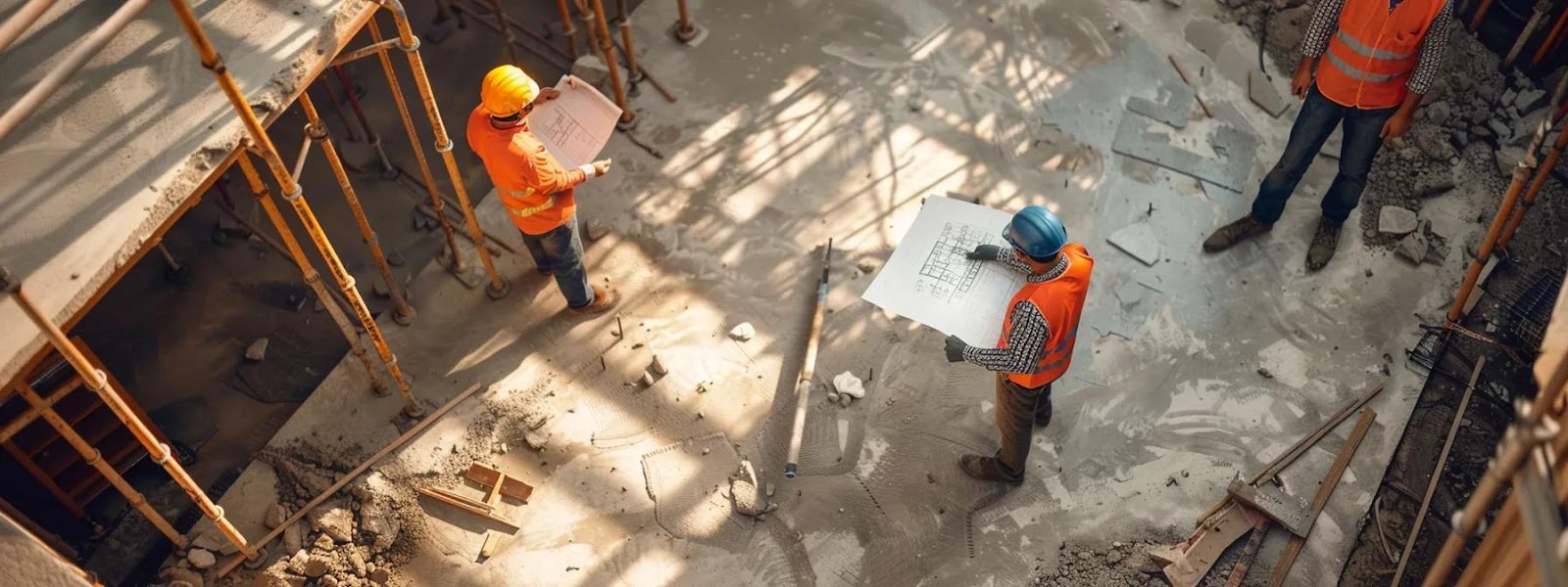 a busy construction site showcases a team of professionals meticulously examining uneven surfaces and damaged materials while strategizing over blueprints to ensure safety compliance and successful installation.