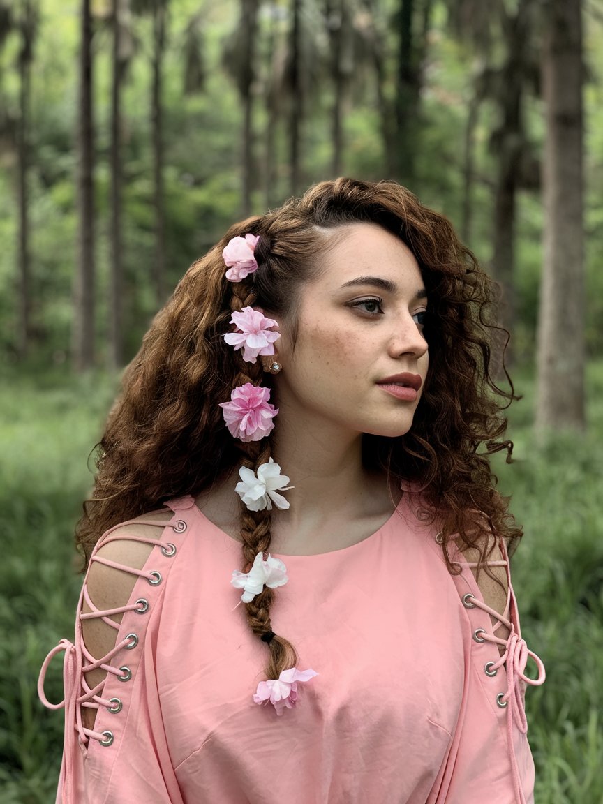 31. Flower Waterfall Braid for Curly Hair