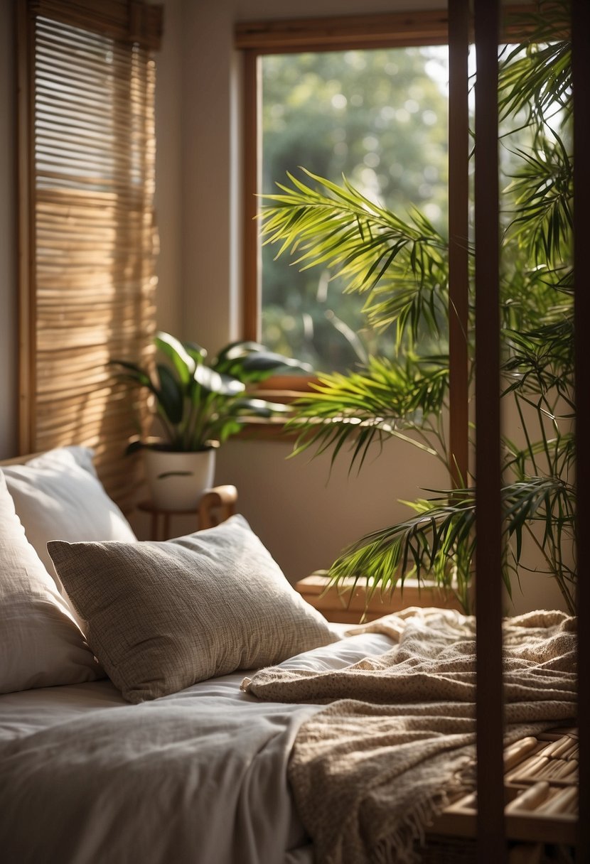 A cozy bedroom with natural light filtering through bamboo blinds, creating a tranquil and refreshing atmosphere