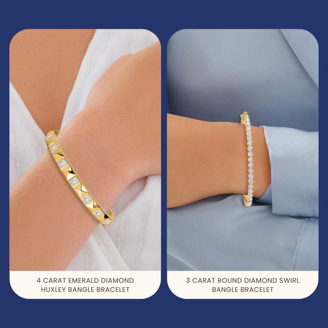 Lab-grown diamond bangles made with the yellow gold combination.