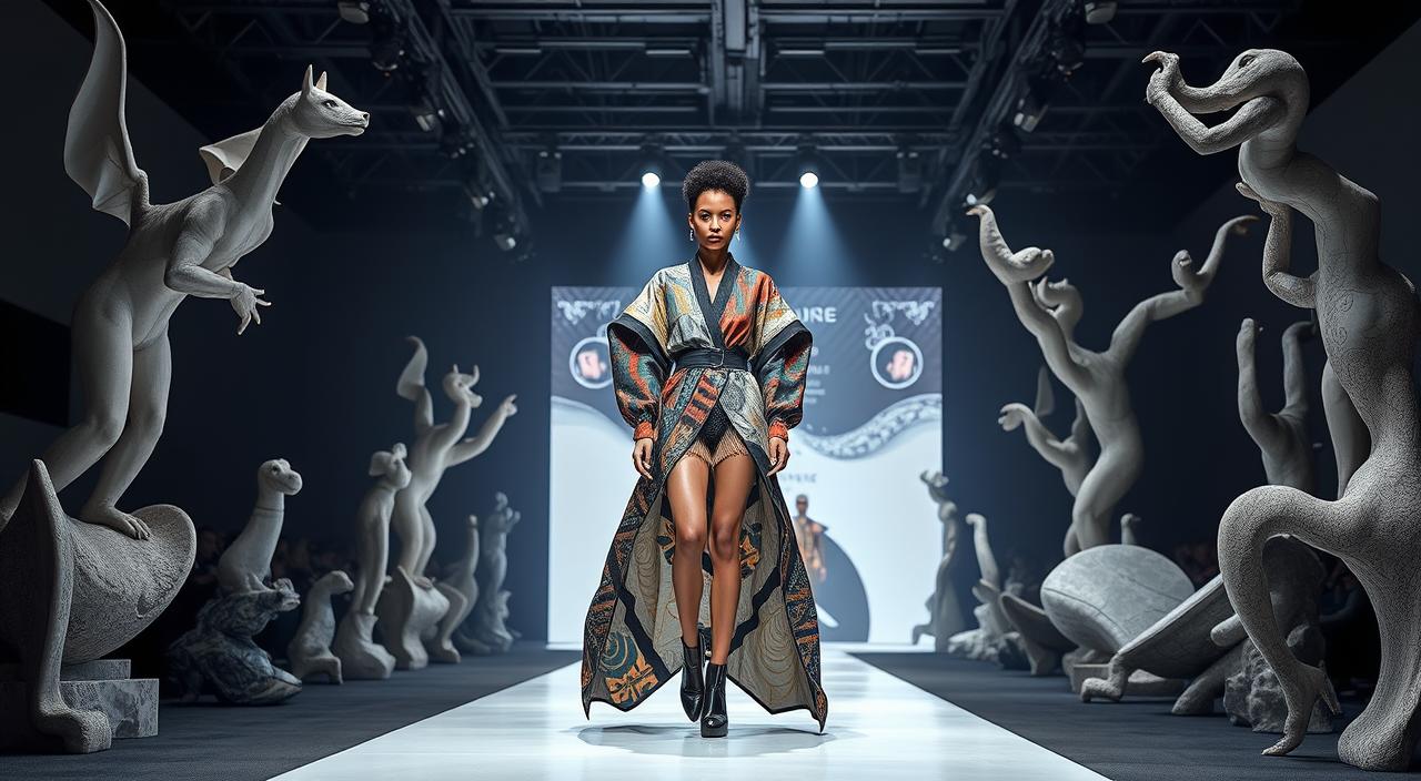 A striking fashion runway with an avant-garde designer at the center, showcasing bold, unconventional garments with intricate patterns and textures, surrounded by dramatic lighting and abstract sculptures, highlighting a futuristic aesthetic.