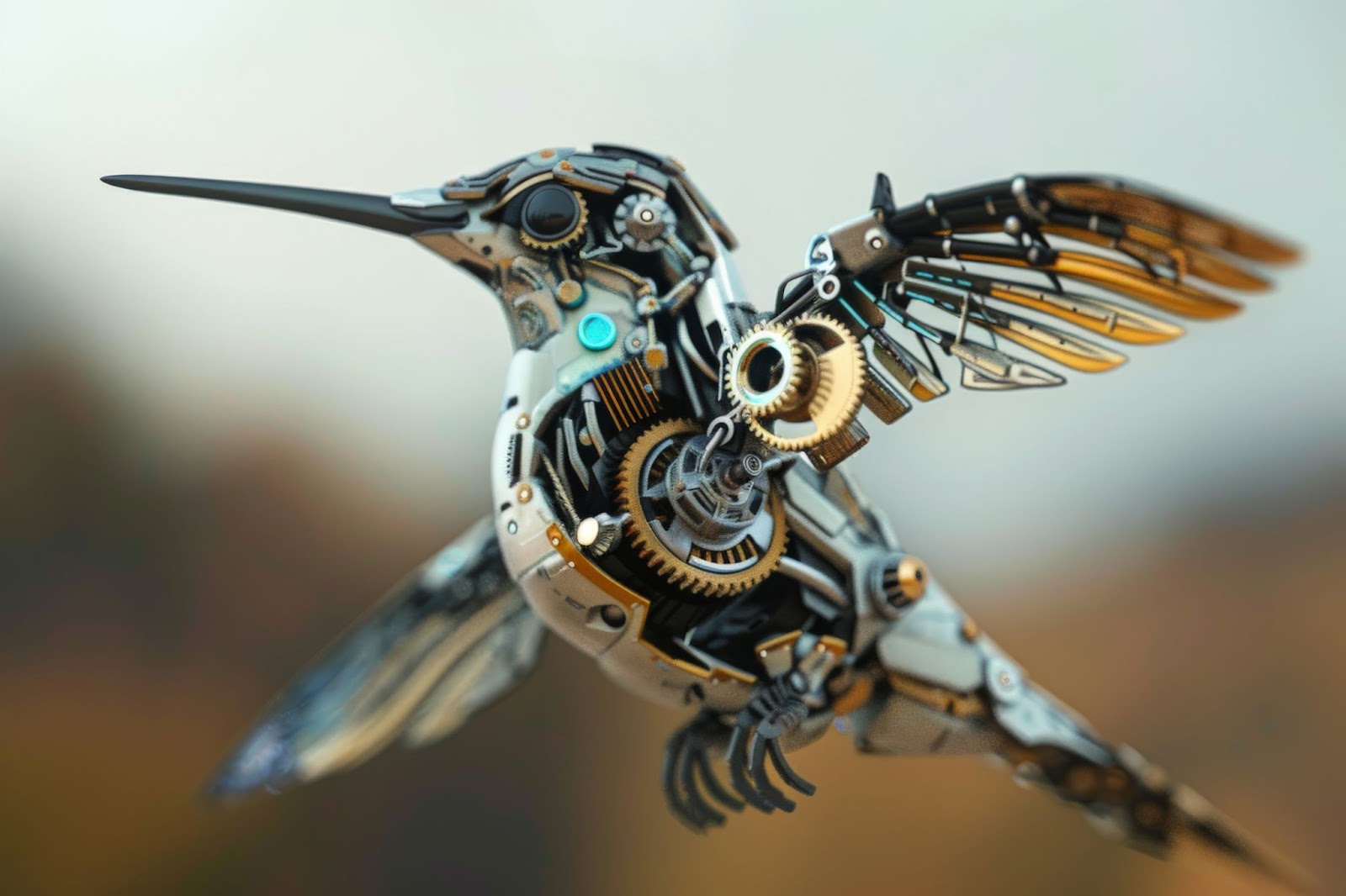 An AI generated image of a mechanical hummingbird in mid flight in front of a blurred out background. Its wings and body consist of jagged gears and futuristic looking metal