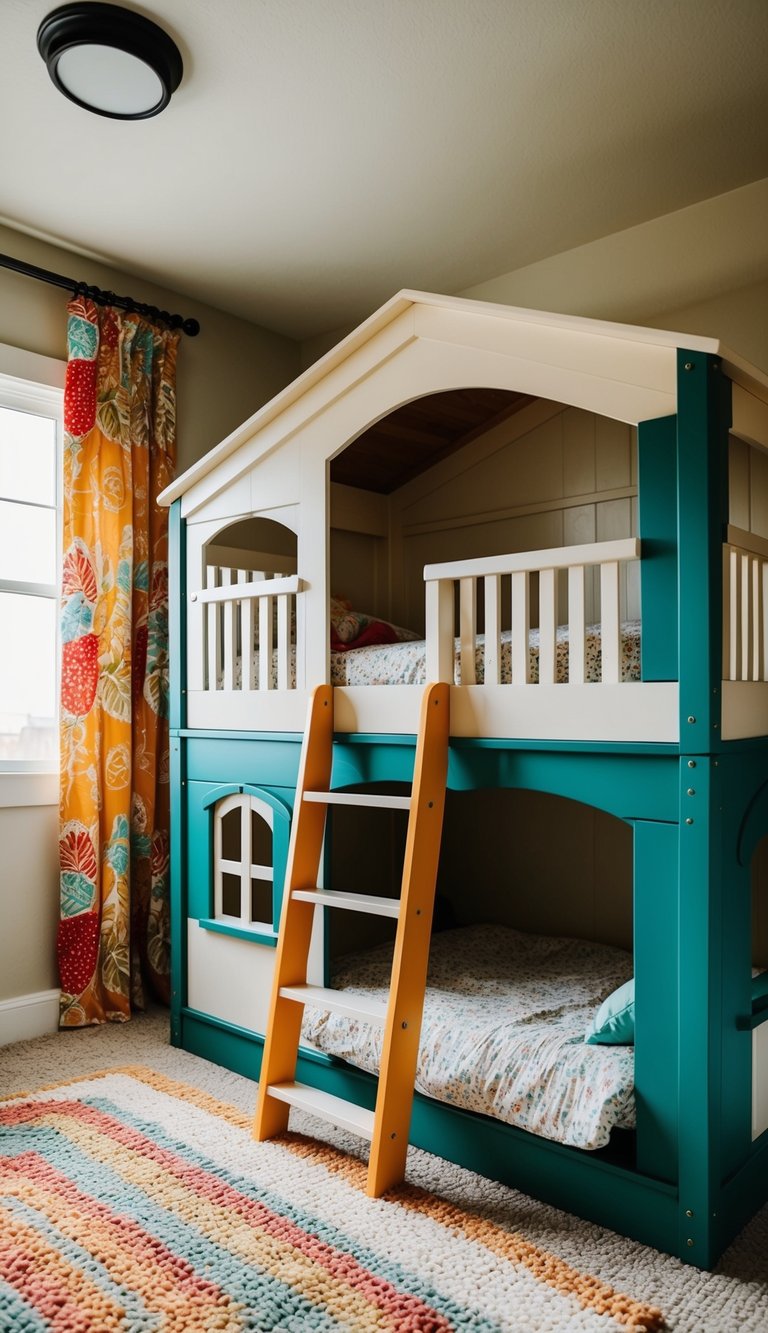 A cozy bunk bed playhouse with built-in ladder and colorful curtains in a child's room