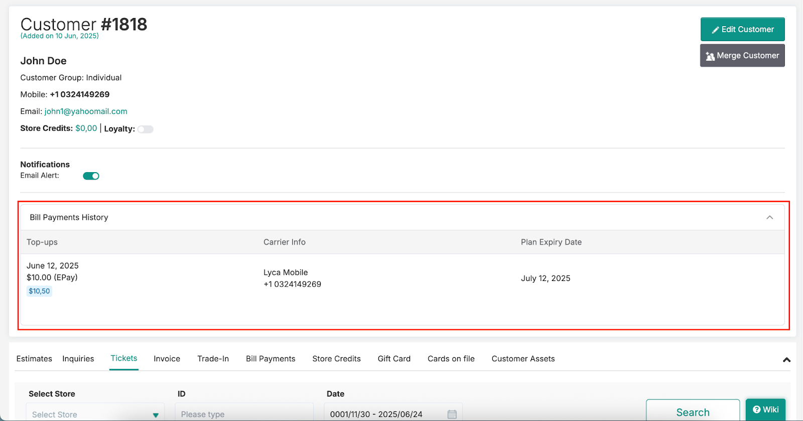 Customer Profile Bill View