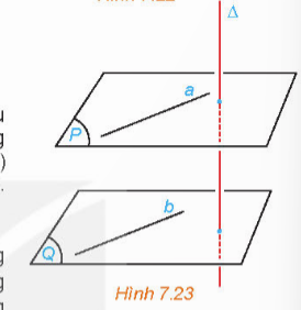 BÀI 23. ĐƯỜNG THẲNG VUÔNG GÓC VỚI MẶT PHẲNG1. ĐƯỜNG THẲNG VUÔNG GÓC VỚI MẶT PHẲNGBài 1: Đối với cánh cửa như trong Hình 7.10, khi đóng – mở cánh cửa, ta coi mép dưới BC của cánh cửa luôn sát sàn nhà (khe hở không đáng kể).a) Từ quan sát trên, hãy giải thích vì sao đường thẳng AB vuông góc với mọi đường thẳng đi qua B trên sàn nhà.b) Giải thích vì sao đường thẳng AB vuông góc với mọi đường thẳng trên sàn nhà.Đáp án chuẩn:a) Vì đường thẳng BC quay quanh điểm B và (AB,BC)=90 nên AB vuông góc với các đường thẳng trên mặt sàn và đi qua B.b) Lấy đường thẳng a bất kì trên mặt sàn. Xét a  là đường thẳng trên mặt sàn, đi qua B và // a. Khi đó (AB,a)=AB,a'=90Bài 2: Nếu đường thẳng Δ và mặt phẳng (P) vuông góc với nhau thì chúng có cắt nhau hay không? Đáp án chuẩn:∆ và (P) cắt nhau.Bài 3: Gấp tấm bìa cứng hình chữ nhật sao cho nếp gấp chia tấm bia thành hai hình chữ nhật, sau đó đặt nó lên mặt bàn như Hình 7.11.a) Bằng cách trên, ta tạo được đường thẳng AB vuông góc với hai đường thẳng nào thuộc mặt bàn?b) Trên mặt bàn, qua điểm A kẻ một đường thẳng a tuỳ ý. Dùng ê ke, hãy kiểm tra trên mô hình xem AB có vuông góc với a hay không.Đáp án chuẩn:a) AB⊥AD, AB⊥AN.b) Đặt ê ke như mô tả trong hình vẽ. Ta thấy một cạnh của ê ke trùng với AB và một cạnh thuộc a nên AB vuông góc với a.Bài 4: Nếu một đường thẳng vuông góc với hai cạnh của một tam giác thì đường thẳng đó có vuông góc với các cạnh còn lại hay không? Đáp án chuẩn:Đường thẳng vuông góc với cạnh thứ ba.Bài 5: Cho hình chóp S.ABCD có đáy ABCD là hình bình hành tâm O, SA = SC và SB = SD (H.7.14). Chứng minh rằng SO vuông (ABCD)O là trung điểm của AC, BD⇒SO⊥AC, SO⊥BD ⇒SO⊥ABCDBài 6: Khi làm cột treo quần áo, ta có thể tạo hai thanh đế thẳng đặt dưới sàn nhà và dựng cột treo vuông góc với hai thanh đế đó (H.7.15). Hãy giải thích vì sao bằng cách đó ta có được cột treo vuông góc với sàn nhà. Đáp án chuẩn:Vì cột treo vuông góc với hai thanh đế (cắt nhau) nên cột vuông góc với sàn nhà2. TÍNH CHẤTBài 1: Cho điểm O và đường thẳng Δ không đi qua O. Gọi d là đường thẳng đi qua O và song song với Δ. Xét hai mặt phẳng phân biệt tuỳ ý (P) và (Q) cùng chứa d. Trong các mặt phẳng (P), (Q) tương ứng kẻ các đường thẳng a, b cùng đi qua O và vuông góc với d (H.7.16). Giải thích vì sao mp(a, b) đi qua O và vuông góc với ΔĐáp án chuẩn:Ta có: P=d,a;Q=(d,b). Do (P) và (Q) phân biệt => a và b phân biệt ⇒Δ⊥a; Δ⊥bMà a∩b={O}⇒mp(a,b) đi qua O và vuông góc với .Bài 2: Cho mặt phẳng (P) và điểm O. Trong mặt phẳng (P), lấy hai đường thẳng cắt nhau a, b tuỳ ý. Gọi (α), (β) là các mặt phẳng qua O và tương ứng vuông góc với a, b (H.7.19).a) Giải thích vì sao hai mặt phẳng (α), (β) cắt nhau theo một đường thẳng đi qua Q.b) Nêu nhận xét về mối quan hệ giữa Δ và (P)Đáp án chuẩn:a) Có ),(β) không trùng nhau mà  (α),(β) có điểm chung O nên  (α),(β) cắt nhau theo một đường thẳng đi qua O.b) a⊥Δ; b⊥ΔMà a∩b=I⇒Δ⊥(P)Bài 3: Cho ba điểm phân biệt A, B, C sao cho các đường thẳng AB và AC cùng vuông góc với một mặt phẳng (P). Chứng minh rằng ba điểm A, B, C thẳng hàng. Đáp án chuẩn:Ta có: AB⊥P;AC⊥PMặt khác, qua điểm A có duy nhất đường thẳng  (P)⇒A, B, C thẳng hàng3. LIÊN HỆ GIỮA QUAN HỆ SONG SONG VÀ QUAN HỆ VUÔNG GÓC CỦA ĐƯỜNG THẲNG VÀ MẶT PHẲNGBài 1: Cho đường thẳng a vuông góc với mặt phẳng (P) và song song với đường thẳng b. Lấy một đường thẳng m bất kì thuộc mặt phẳng (P). Tính (b, m) và từ đó rút ra mối quan hệ giữa b và (P).Đáp án chuẩn:b⊥P.Bài 2: Cho hai đường thẳng phân biệt a và b cùng vuông góc với mặt phẳng (P). Xét O là một điểm thuộc a nhưng không thuộc b. Gọi c là đường thẳng qua O và song song với b.a) Hỏi c có vuông góc với (P) hay không? Nhận xét về vị trí tương đối giữa a và c.b) Nêu nhận xét về vị trí tương đối giữa hai đường thẳng a và b.Đáp án chuẩn:a) a trùng cb) a//bBài 3: Cho hai mặt phẳng (P) và (Q) song song với nhau và đường thẳng  vuông góc với (P). Gọi b là một đường thẳng bất kì thuộc (Q). Lấy một đường thẳng a thuộc (P) sao cho a song song với b (H.7.23). So sánh (Δ, b) và (Δ, a). Từ đó rút ra mối quan hệ giữa Δ và (Q).Đáp án chuẩn:∆ ⊥(Q)Bài 4: Cho hai mặt phẳng phân biệt (P) và (Q) cùng vuông góc với đường thẳng Δ . Xét O là một điểm thuộc mặt phẳng (P) nhưng không thuộc mặt phẳng (Q). Gọi (R) là mặt phẳng đi qua O và song song với (Q) (H.7.24).a) Hỏi (R) có vuông góc với Δ hay không? Nêu nhận xét về vị trí tương đối giữa (P) và (R).b) Nêu vị trí tương đối giữa (P) và (Q).Đáp án chuẩn:a) (R) trùng (P)b) (P)//(Q)Bài 5: Một chiếc bàn có các chân cùng vuông góc với mặt phẳng chứa mặt bàn và mặt phẳng chứa mặt sàn. Hỏi hai mặt phẳng đó có song song với nhau hay không? Vì sao? Đáp án chuẩn:Hai mặt phẳng đó song song vì hai mặt phẳng đó phân biệt, cùng vuông góc với một đường thẳngBài 6: Cho đường thẳng a song song với mặt phẳng (P) và đường thẳng Δ vuông góc với mặt phẳng (P). Tính (Δ, a).Đáp án chuẩn:∆,a=90oBài 7: Cho đường thẳng a và mặt phẳng (P) cùng vuông góc với một đường thẳng Δ.a) Qua một điểm O thuộc (P), kẻ đường thẳng a song song với a. Nêu vị trí tương đối giữa a' và (P).b) Nêu vị trí tương đối giữa a và (P).Đáp án chuẩn:a) a'Pb) a // (P)Bài 8: Cho hình chóp S.ABCD có đáy ABCD là một hình vuông, SA(ABCD). Kẻ AH vuông góc với SC (H thuộc SC), BM vuông góc với SC (M thuộc SC). Chứng minh rằng SC(MBD) và AH // (MBD)Đáp án chuẩn:+) BD⊥SAC => BD⊥SCBM⊥SC;BD∩BM={B} ⇒SC⊥(MBD)Gọi AC∩BD=OSC⊥MBD;OM⊂MBD⇒SC⊥OMMà AH⊥SC AH//OM,OM⊂(MBD)⇒AH // (MBD)4. BÀI TẬP