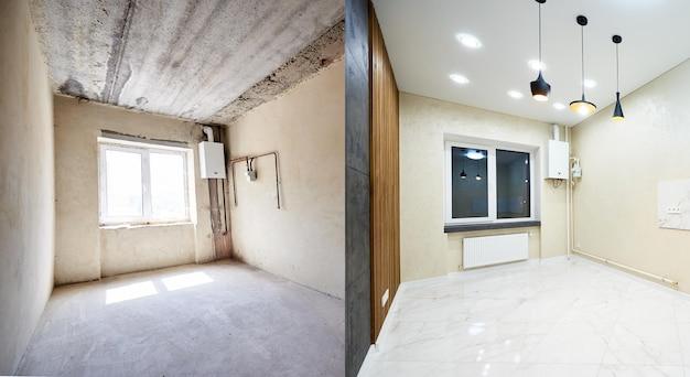 Photo comparison snapshot of a big beautiful room in a private house before and after reconstruction empty grey walls vs renovated light tiled room