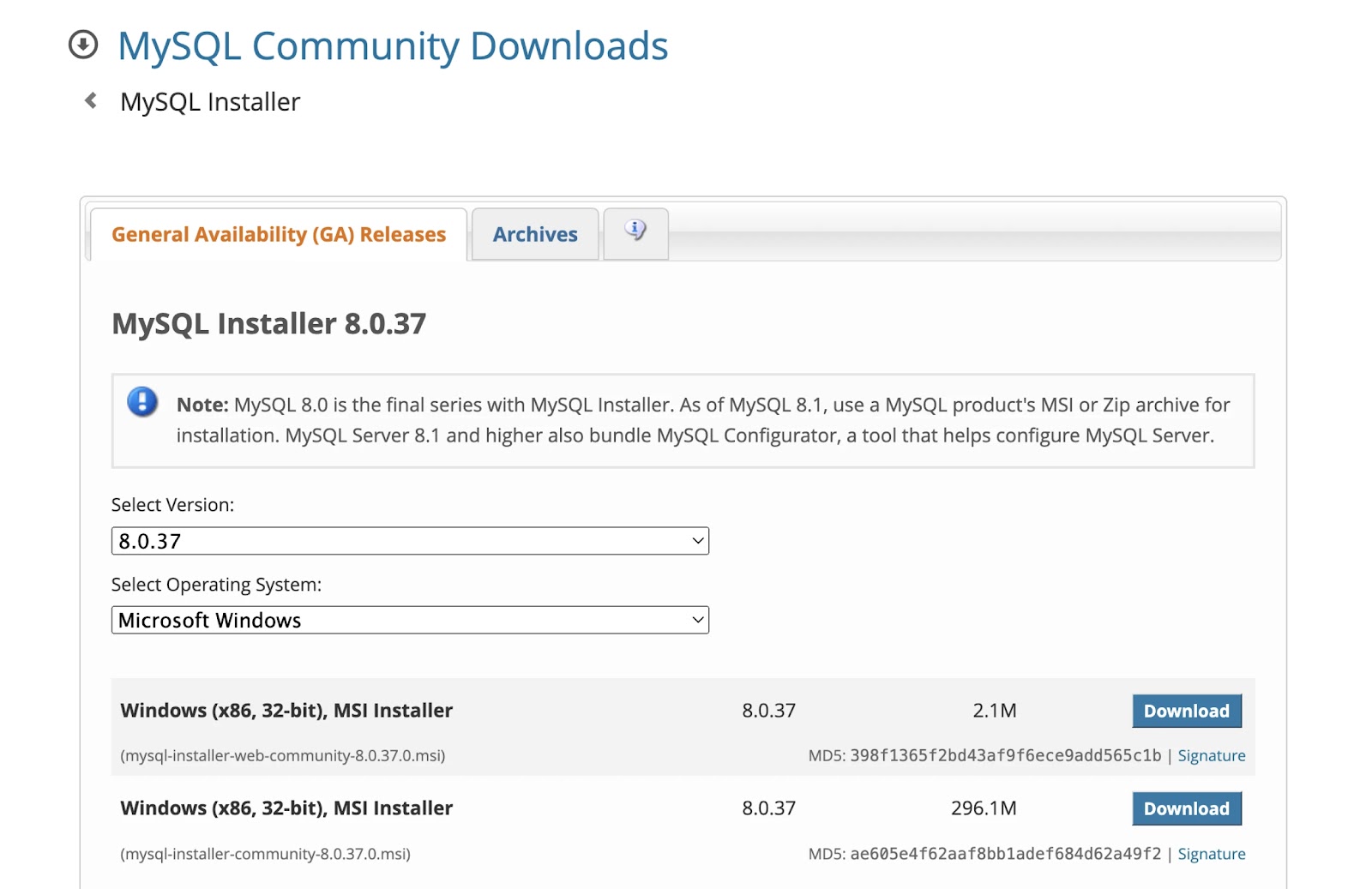 Página de descargas de la comunidad MySQL que muestra las opciones de MySQL Installer 8.0.37 para Windows, con enlaces de descarga y detalles de los archivos.