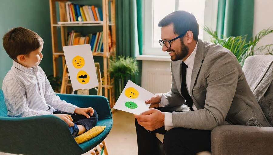 Happy photo of counseling man and boy