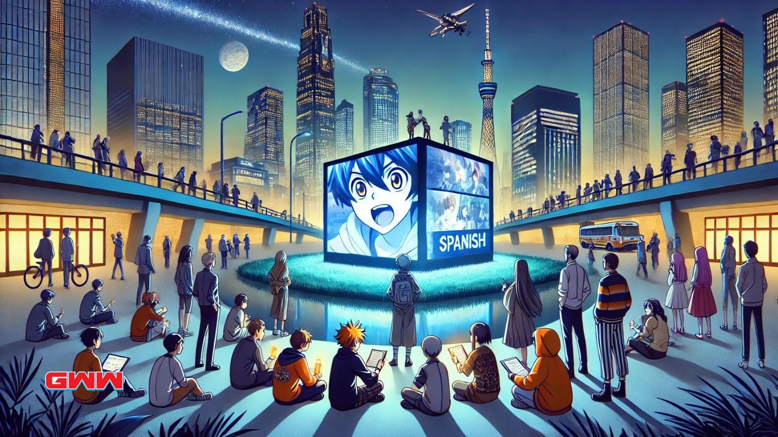 A nighttime scene with various anime characters from different shows gathered around watching anime on a large screen.