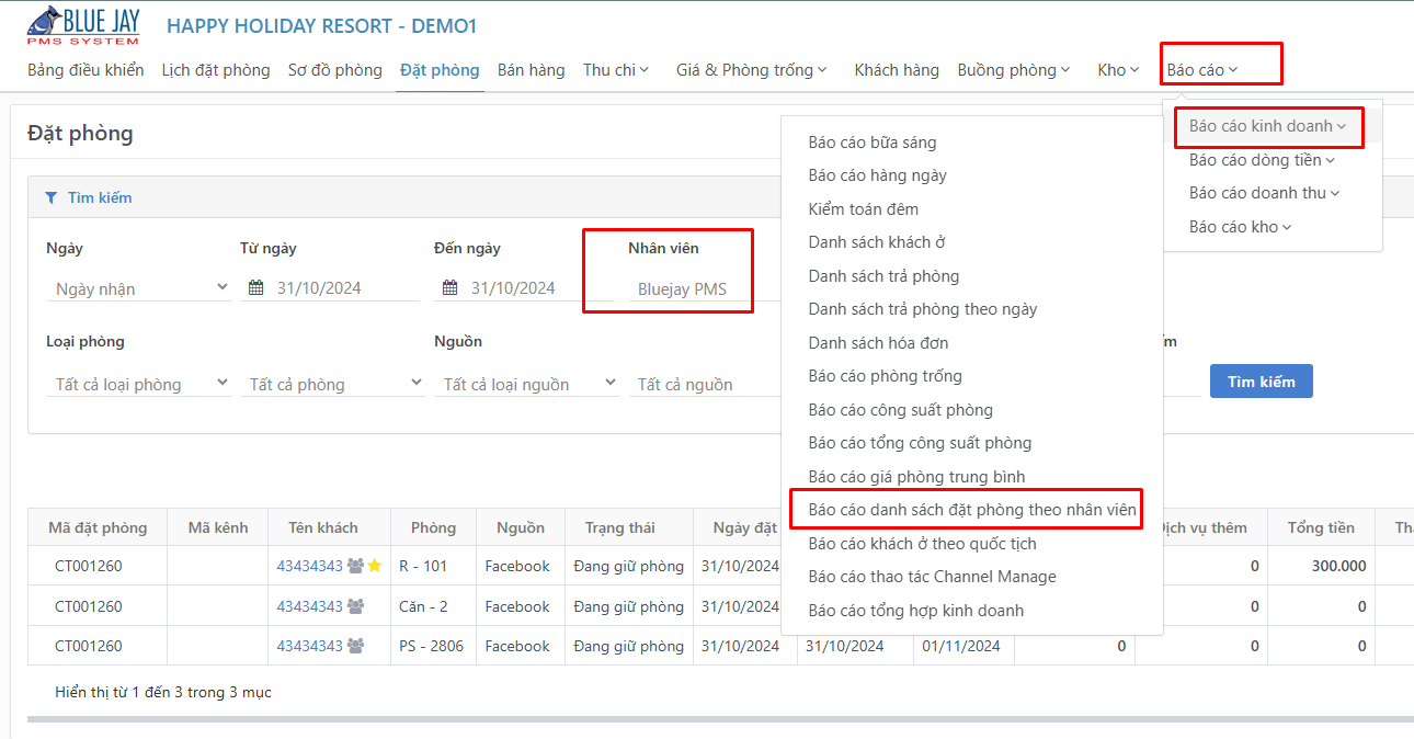 báo cáo đặt phòng theo nhân viên