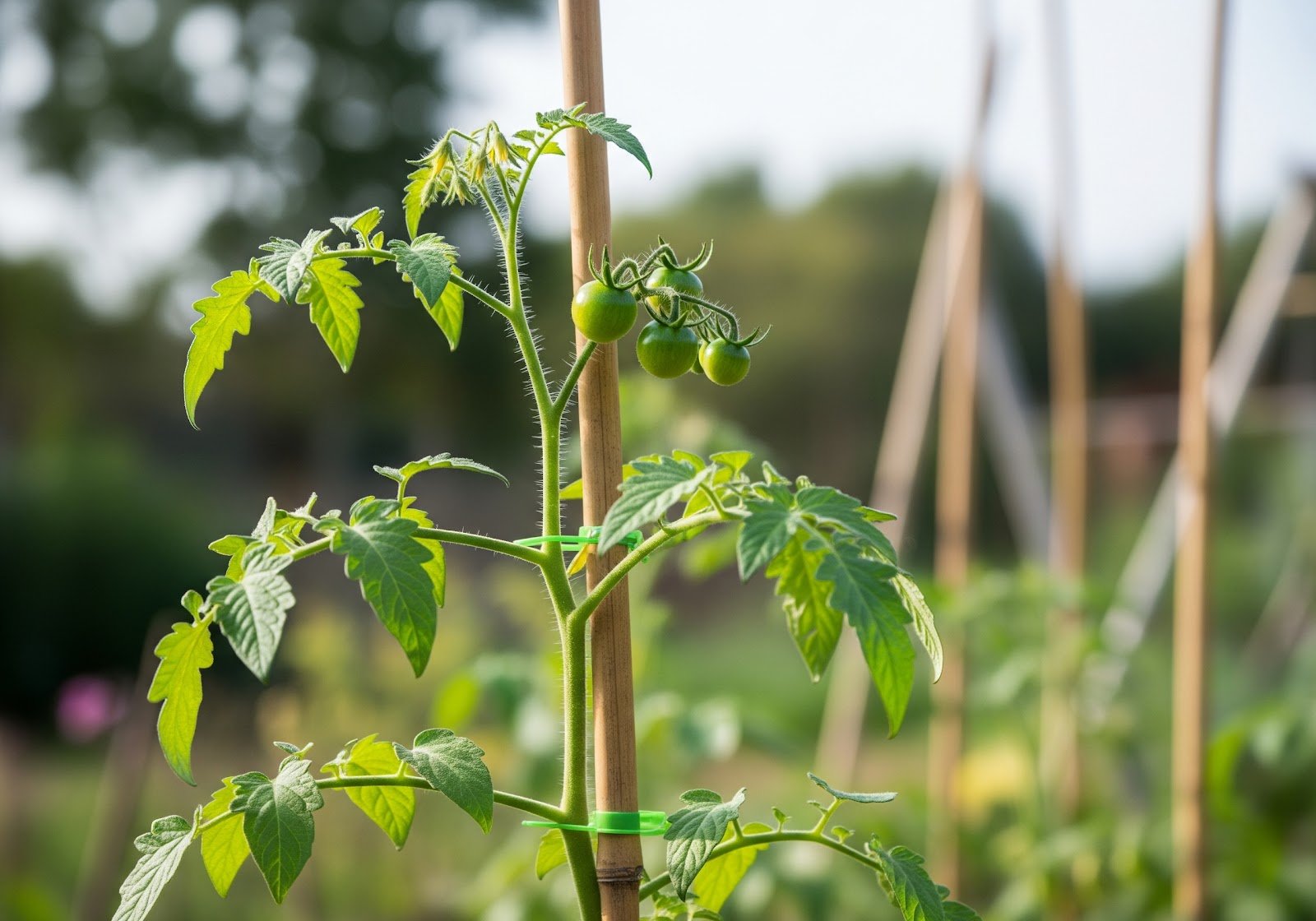 Uma planta de tomate cereja jovem com um pequeno tutor de bambu, guiando seu crescimento vertical.