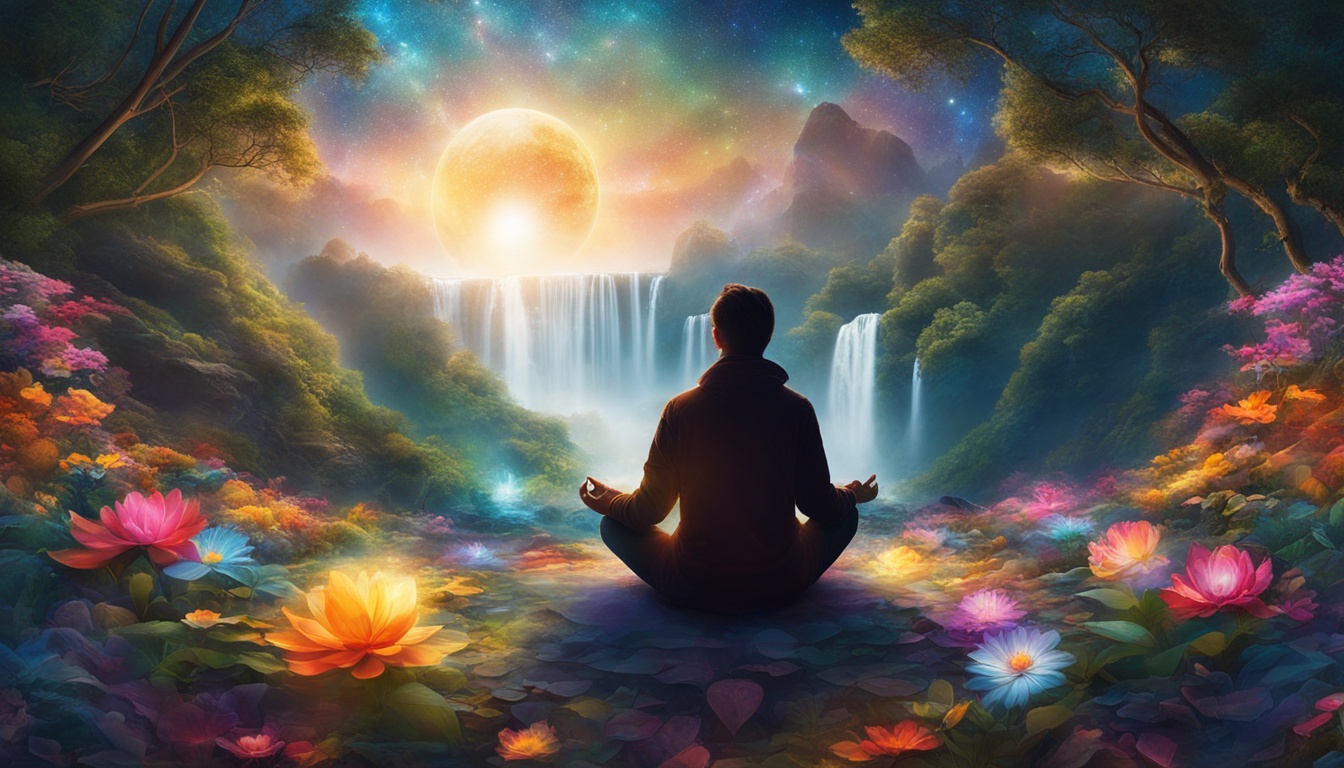 An image of a person sitting in a peaceful environment, with their eyes closed and hands resting on their knees. The person is surrounded by a glowing aura of light and there are various objects floating around them, each representing a goal or desire they wish to manifest. The objects could include things like a house, car, relationship, or travel destination. The environment is filled with natural elements like trees, flowers, and waterfalls, emphasizing harmony with the universe. The overall feeling of the image should be one of calmness and positivity, as if the person is already experiencing the manifestation of their desires.