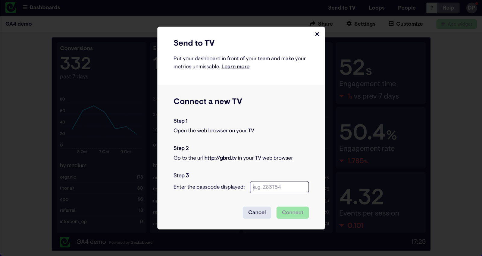 Geckoboard send to TV feature.