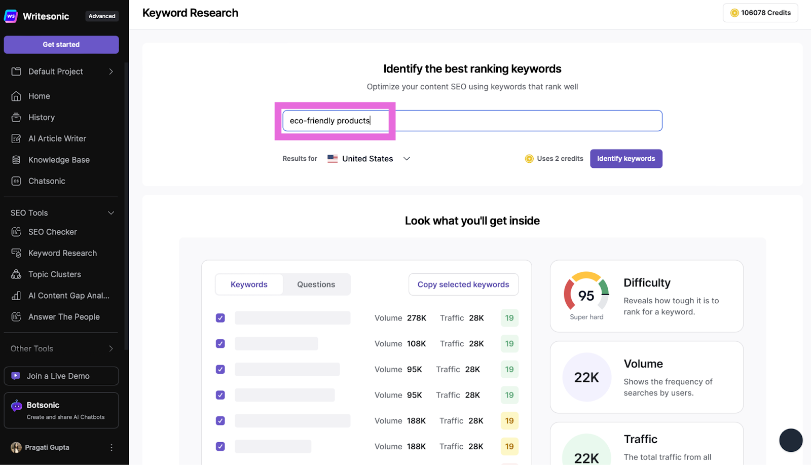 Writesonic's Keyword Research Tool - Content automation