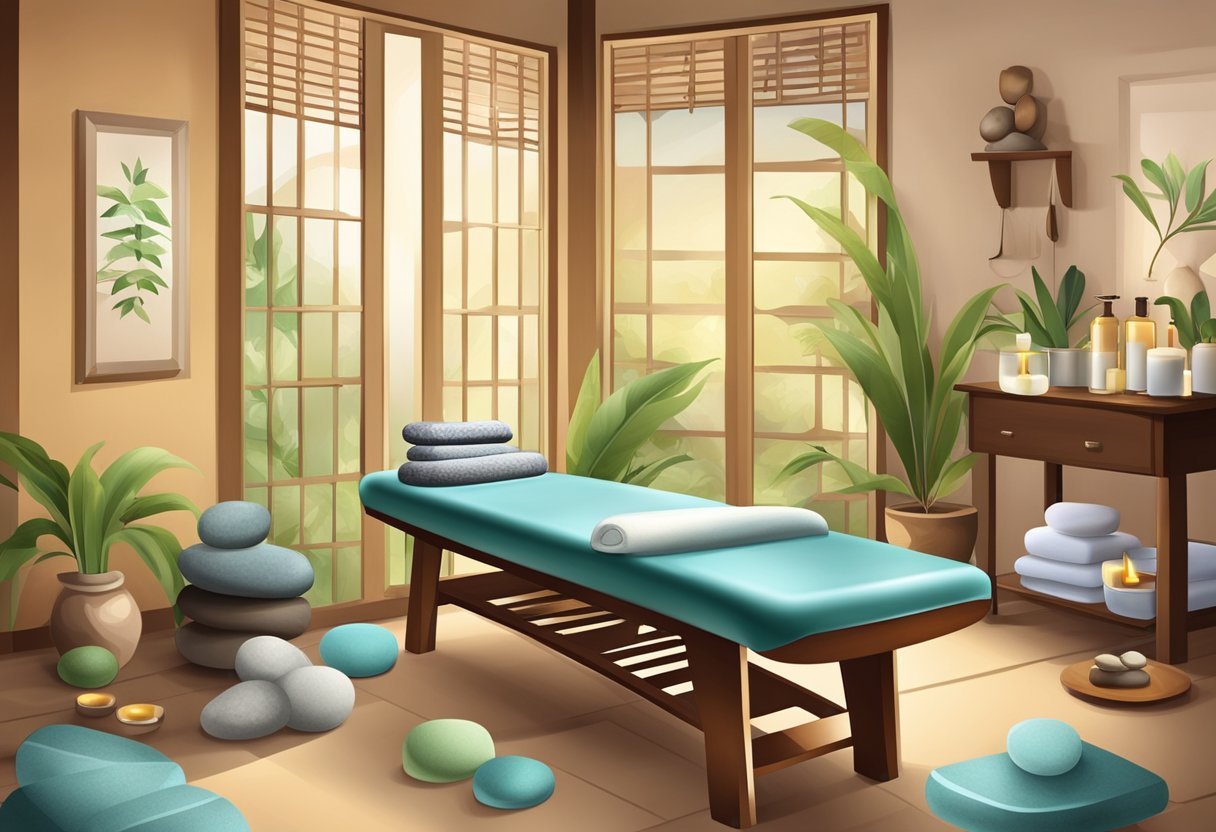 A serene massage studio with various massage equipment and tools displayed, including a massage table, hot stones, and aromatherapy oils