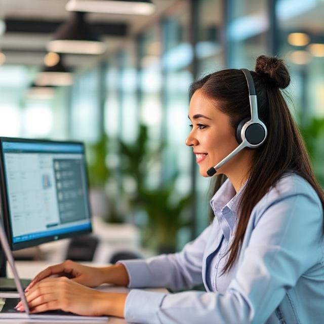 Modern office desk with VoIP phone using hosted PBX service in the USA