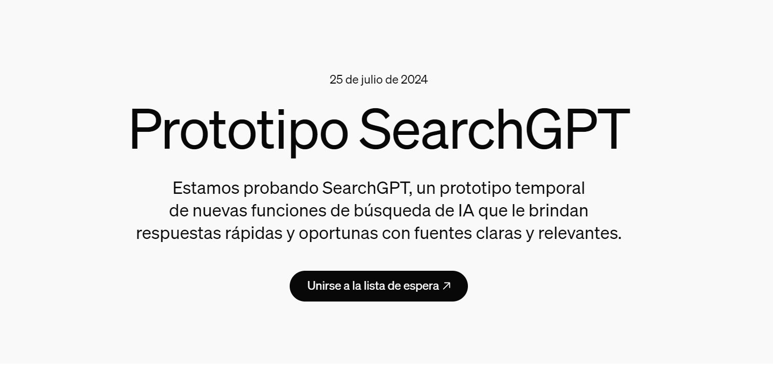 Screenshot de la página de inicio del nuevo motor de búsqueda de OpenAI: Searchgpt.