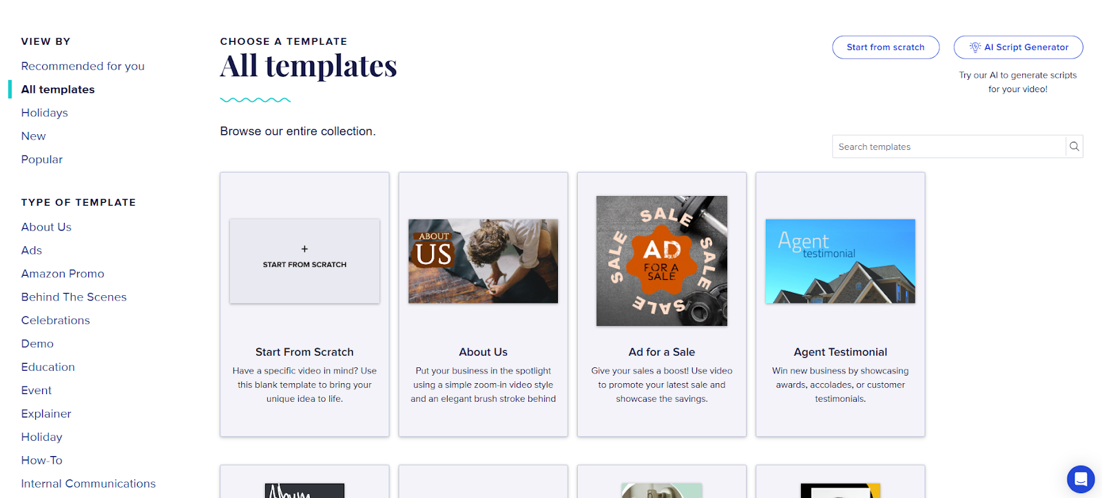 Animoto template options for creating videos, featuring categories like "About Us," "Ad for a Sale," and "Agent Testimonial."