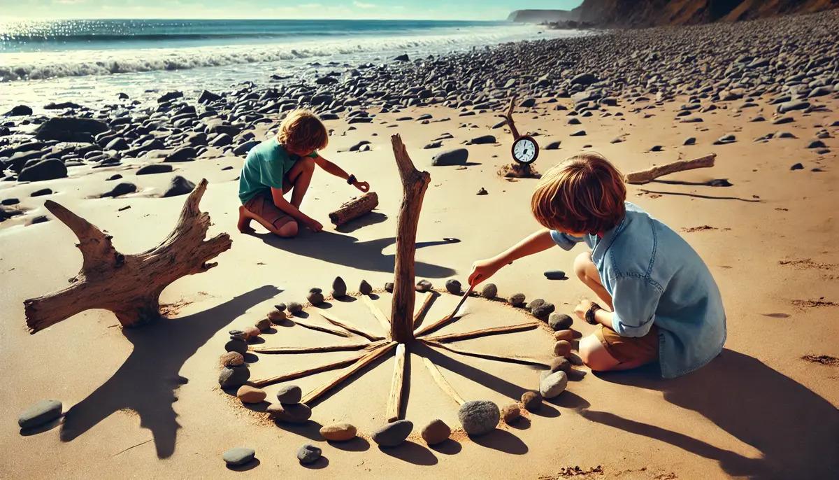 Two kids are making a sundial on the beach
